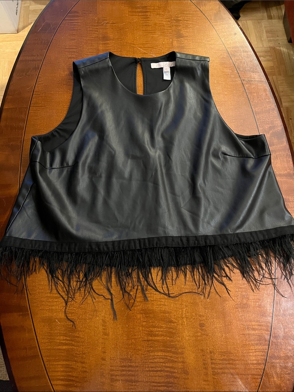 Anthropologie Hutch vegan leather tank top w/ ostrich feathers trim. Black. XL - Picture 7 of 9